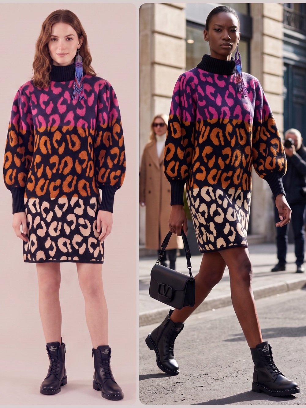 FARM Rio Mixed Leopards Colorblock Long Sleeve Turtleneck Sweater Dress NWT $195